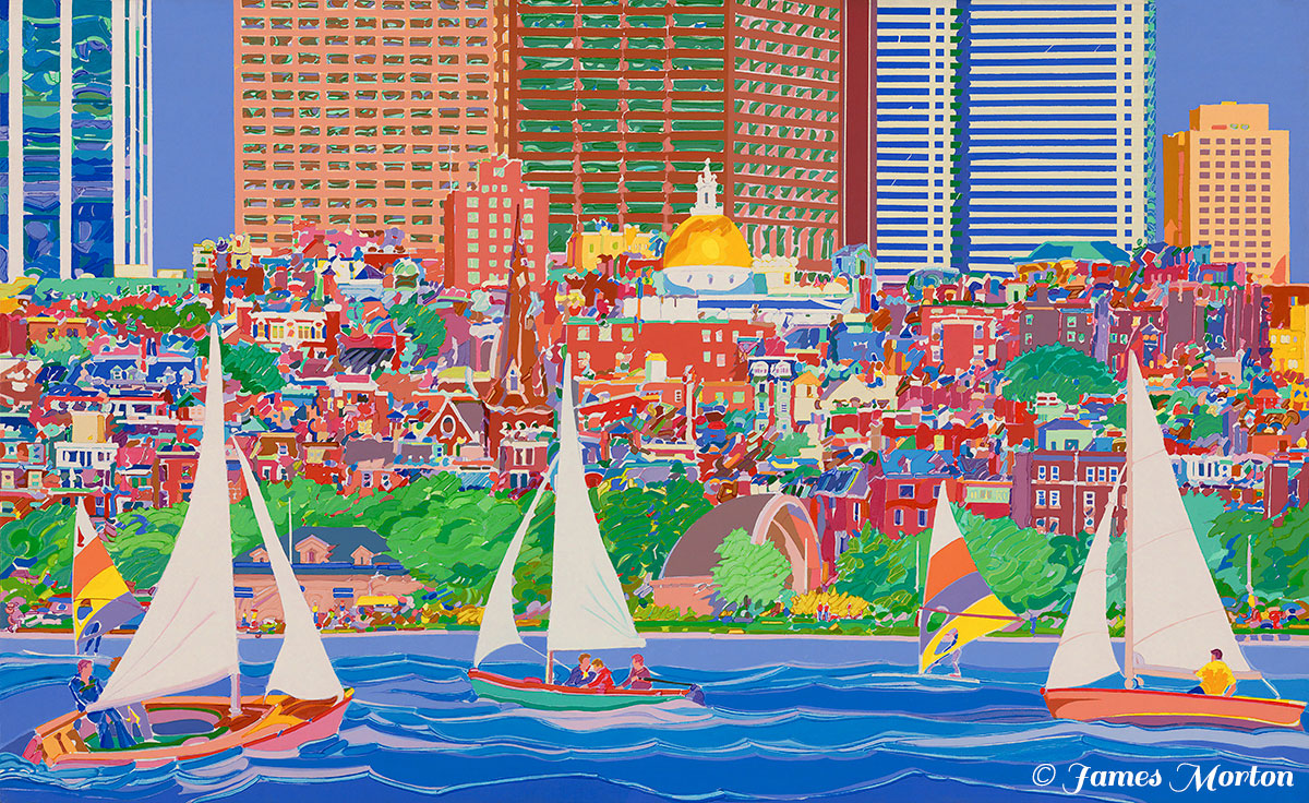 Boston Beacon Hill Art Print. Painting of Boston Beacon Hill Skyline. Boston Print of Charles River with Sailboats and Windsurfers. Artwork of Boston Landmarks Print features State House Gold Dome, Hatch Shell, BU Boathouse, Beacon Hill Neighborhood Homes and Skyscrapers in the Background.