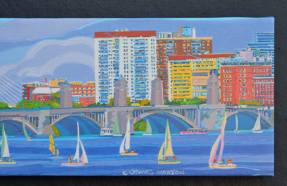 Detail view of Boston art print showing Longfellow Bridge, Charles River with sailboats, and city skyline on the right side