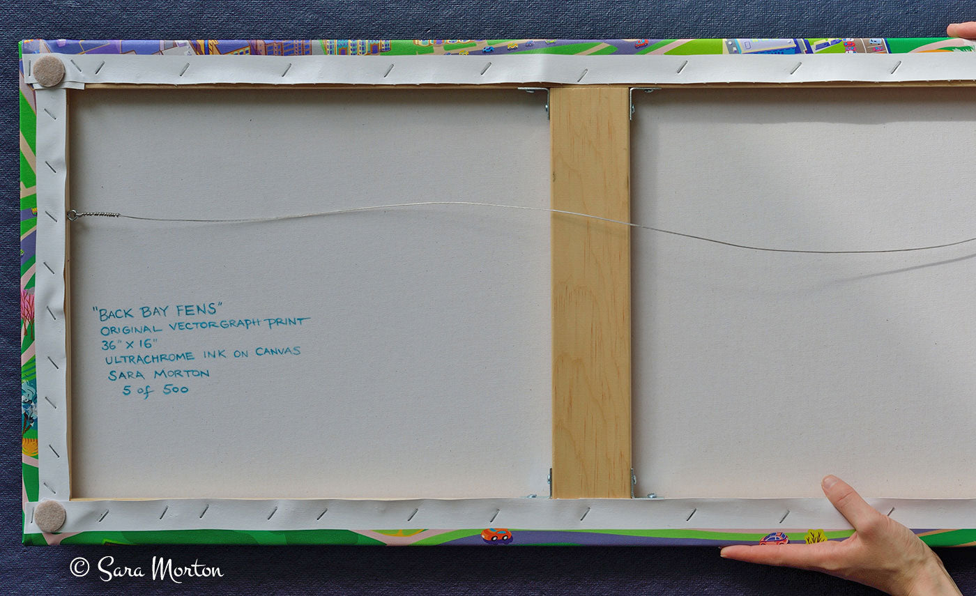 Canvas Print of Boston Back Bay Fens Park with Fenway Victory Gardens. Back of Handmade Canvas print signed by Artist Sara Morton.