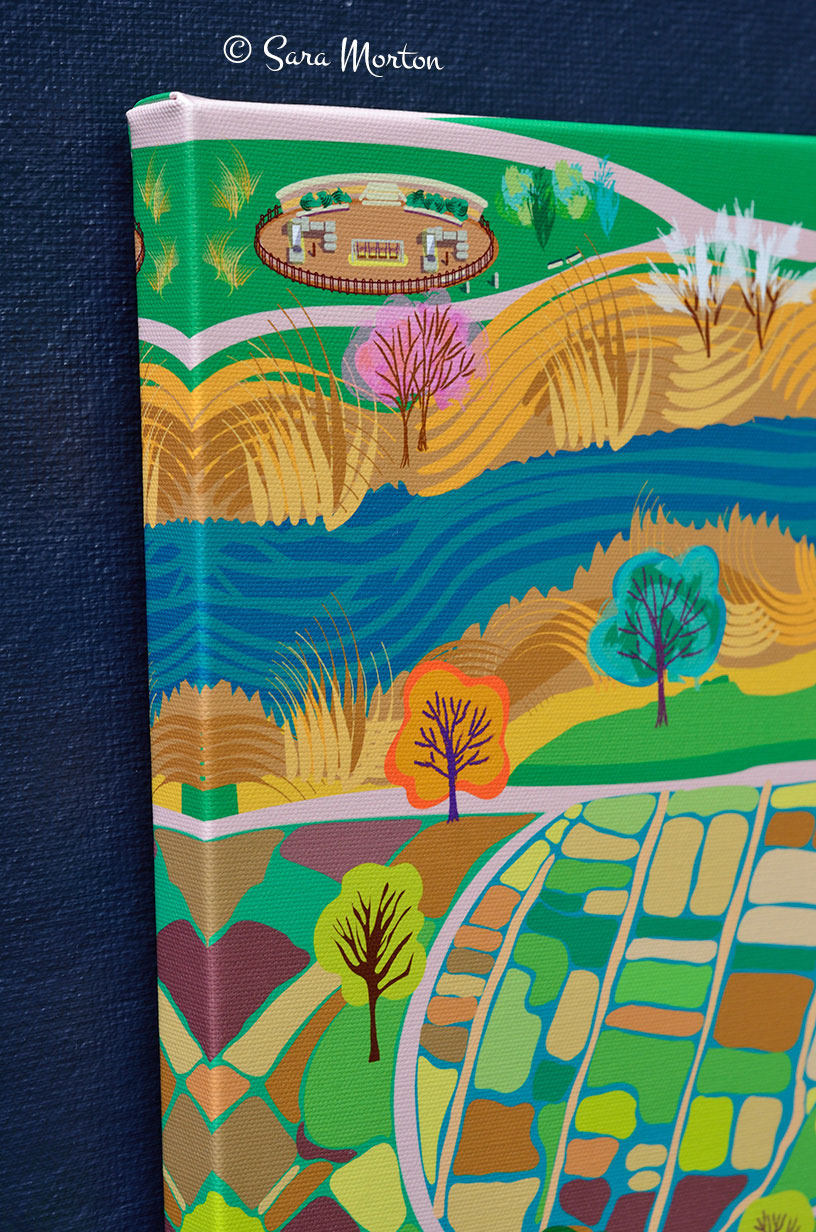 Detail of Boston Canvas Print. Scenic Back Bay Fens Park print featuring winding lagoon and colorful Fenway Victory Gardens.