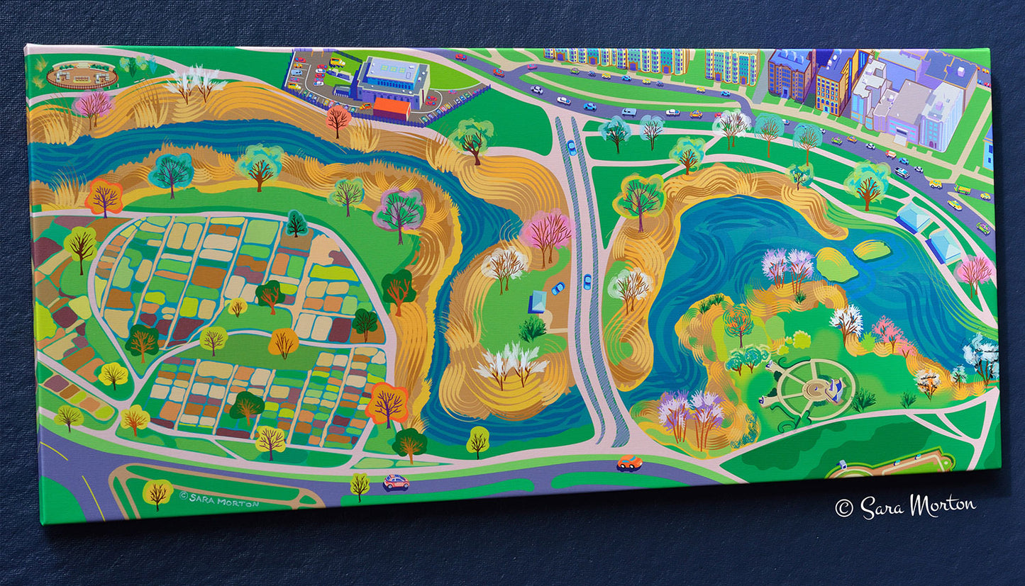 Artwork showcasing Boston's iconic emerald-necklace park. Stretched Canvas Print by Artist Sara Morton.
