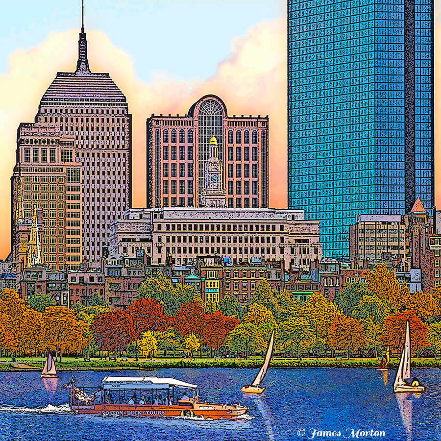 Boston skyline art print capturing a detailed autumn cityscape with historic and modern architecture against sunset hues over Charles River with sailboats.