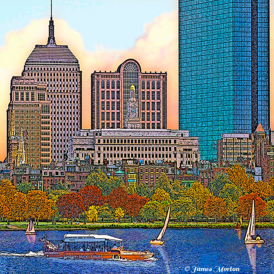 Boston skyline art print capturing a detailed autumn cityscape with historic and modern architecture against sunset hues over Charles River with sailboats.