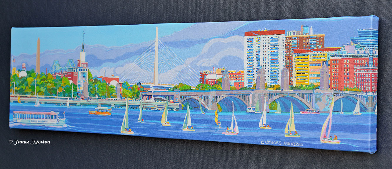 Full right side view of Boston canvas painting print showing skyline with Zakim Bridge, Longfellow Bridge, and Charles River panorama