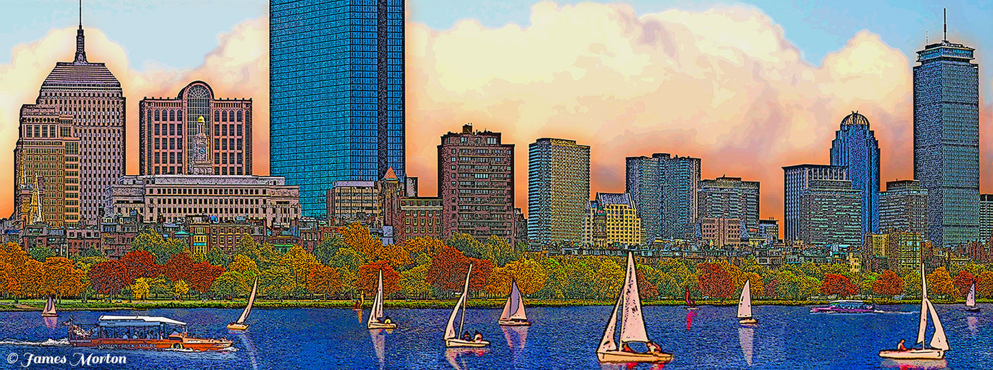 Art print showcasing Boston's iconic skyline at sunset over Charles River with sailboats, featuring autumn trees and landmarks like the Old John Hancock Building, John Hancock Tower, and Prudential Tower.