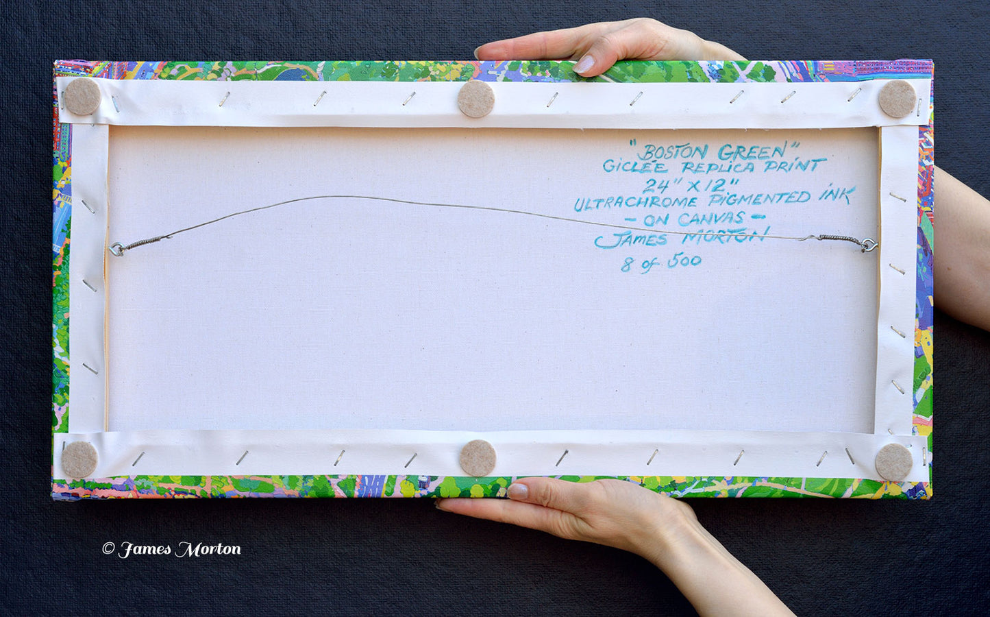 Back of Boston Green stretched canvas print showing hand-signed title, edition number, and professional finish by artist James Morton