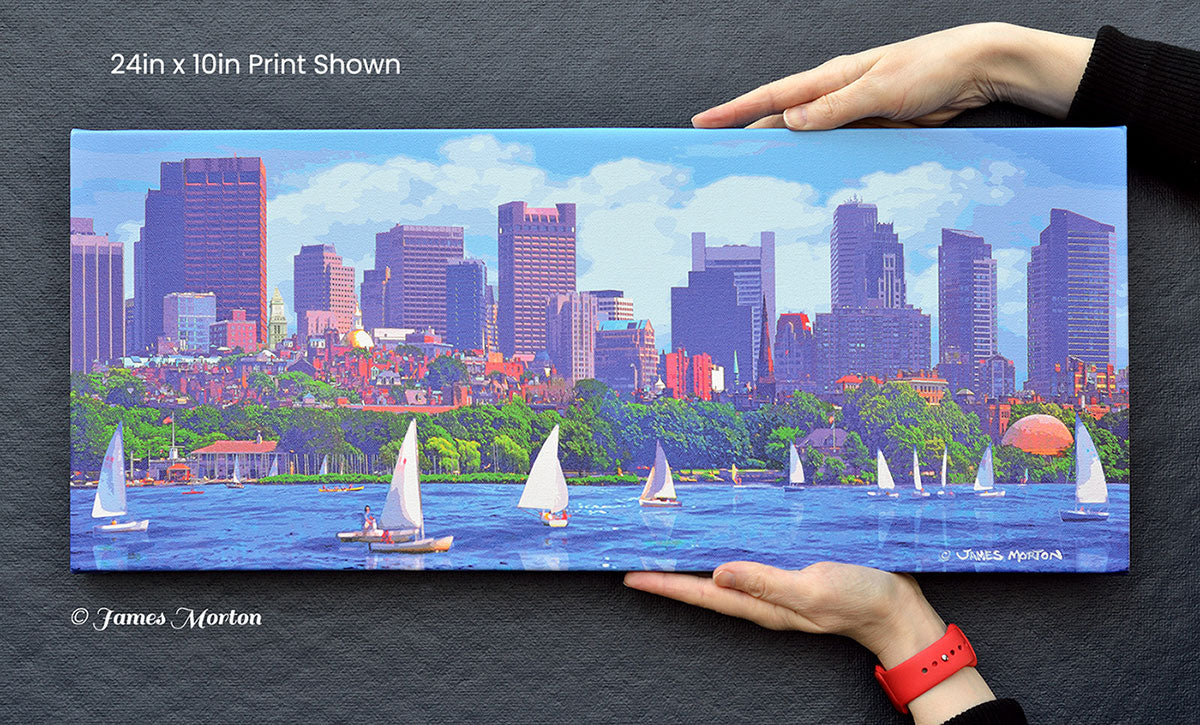 Panoramic Boston Skyline of Back Bay with Sailboats - City Sails Stretched Canvas Print by James Morton.