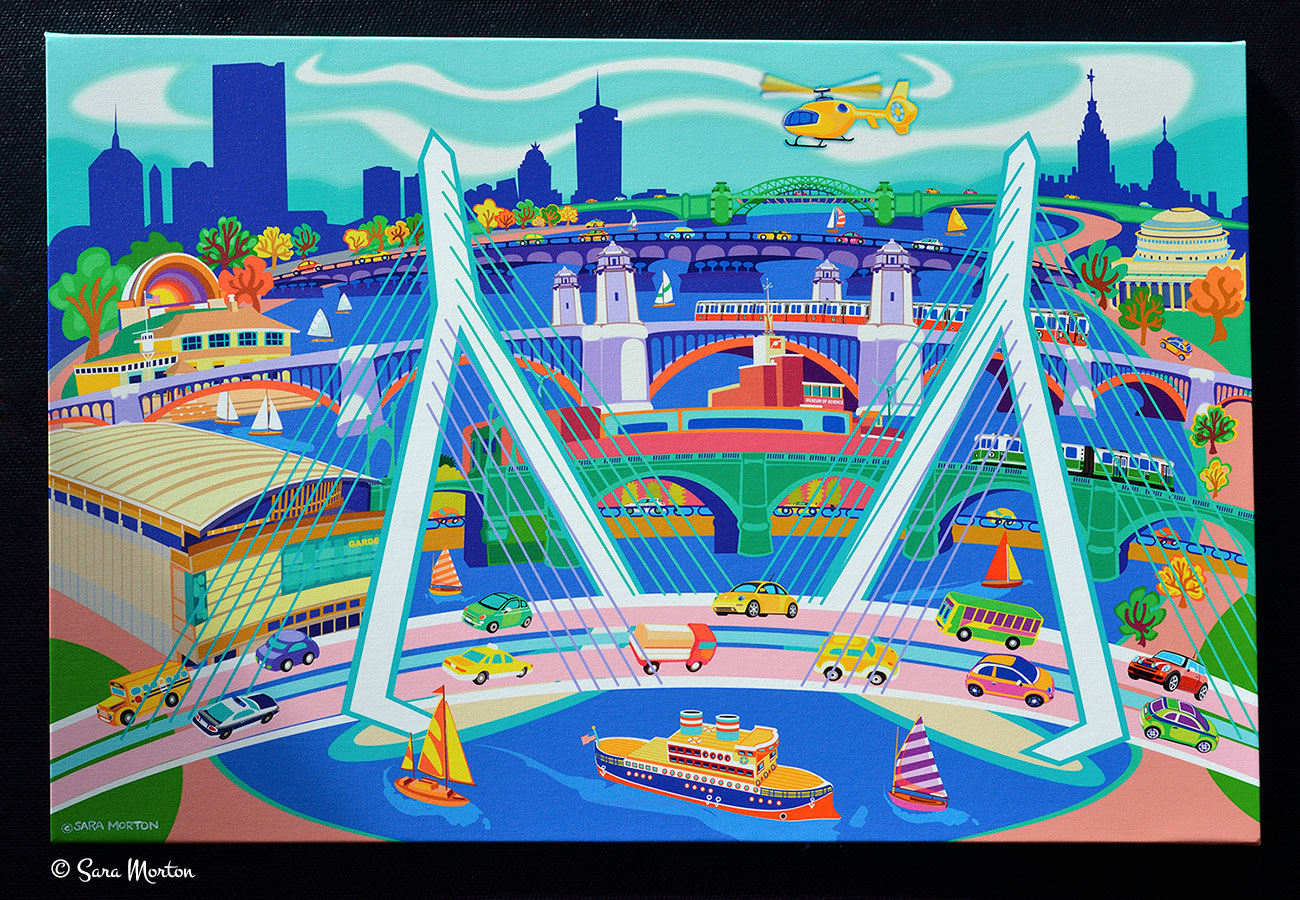 Zakim Bridge Boston Skyline Art Print of the TD Garden, Science Museum, MBTA and Longfellow Bridge