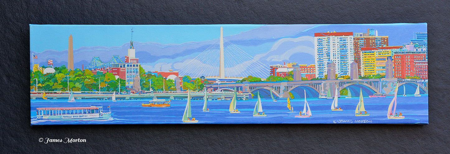 Boston skyline art print on canvas displayed frontally, showing Zakim and Longfellow Bridges with Charles River sailboats