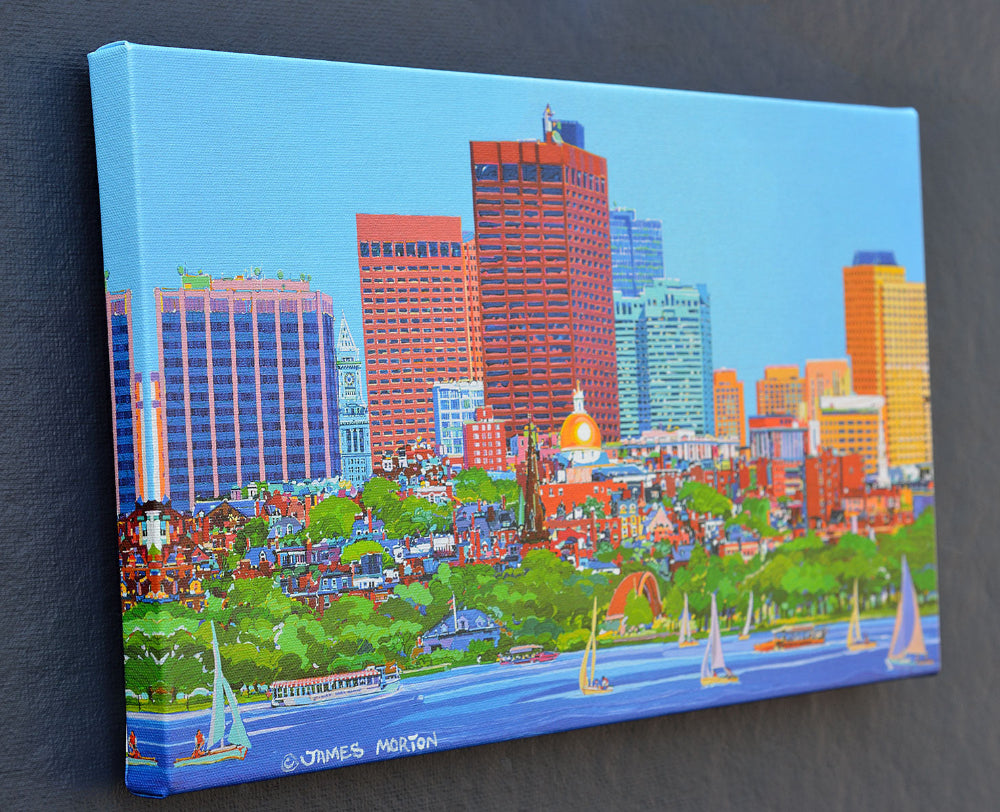 Vibrant Boston Skyline with Sailboats on the Charles River - Stretched Canvas Print