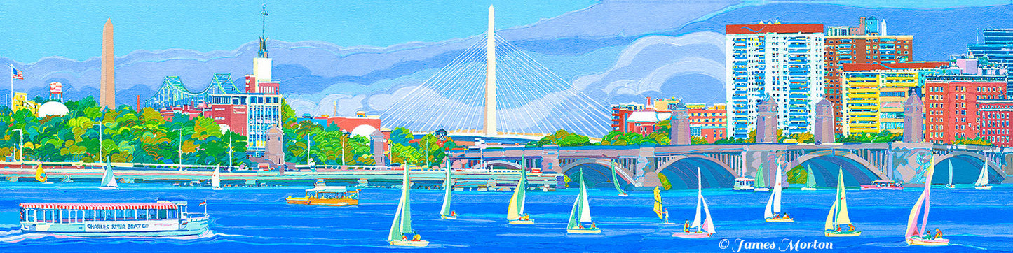 Boston skyline painting featuring Zakim Bridge and Longfellow Bridge over Charles River with sailboats, original acrylic painting by James Morton