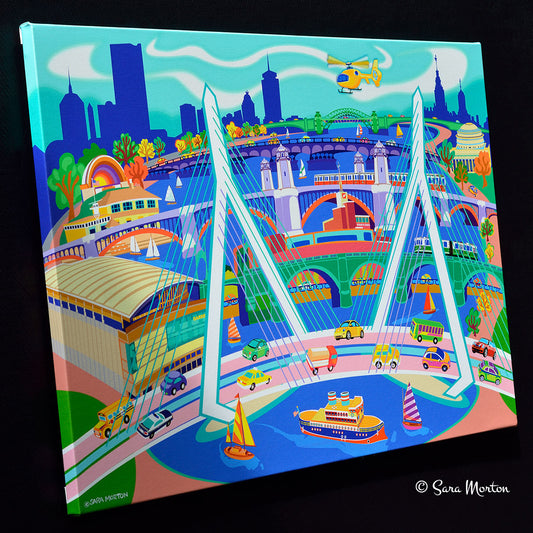 Zakim Bridge Boston Skyline Art Print of the TD Garden, Science Museum, MBTA and Longfellow Bridge