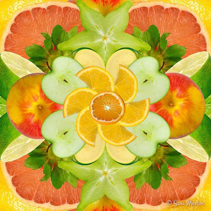 Kaleidoscope Art Print Digital Collage of Fruit on Canvas featuring Apples, Oranges, Lemons, Grapefruit