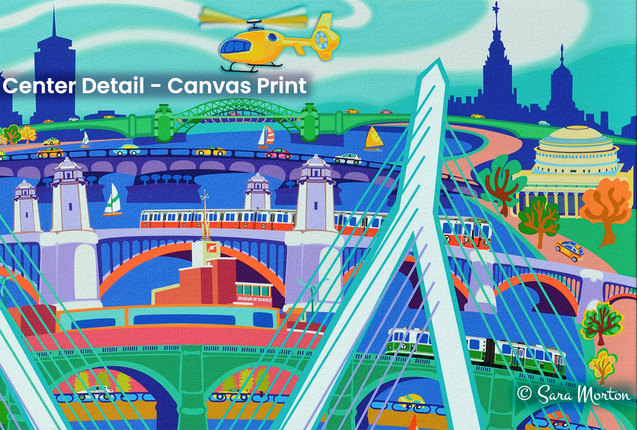 Zakim Bridge Boston Skyline Art Print of the TD Garden, Science Museum, MBTA and Longfellow Bridge