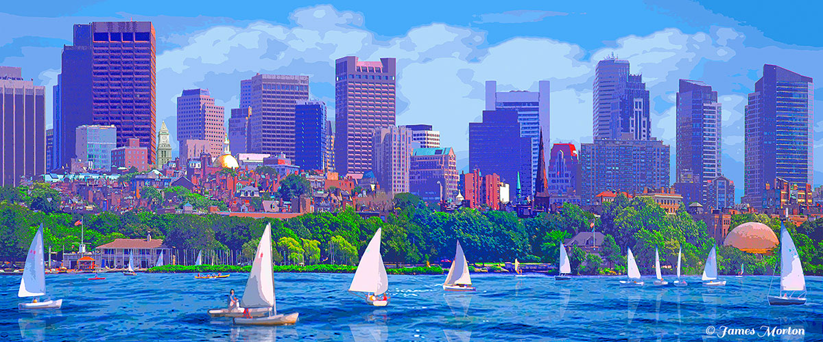 Boston Skyline View of Back Bay and Beacon Hill - vibrant Digigraph art print, "City Sails" by Artist James Morton.
