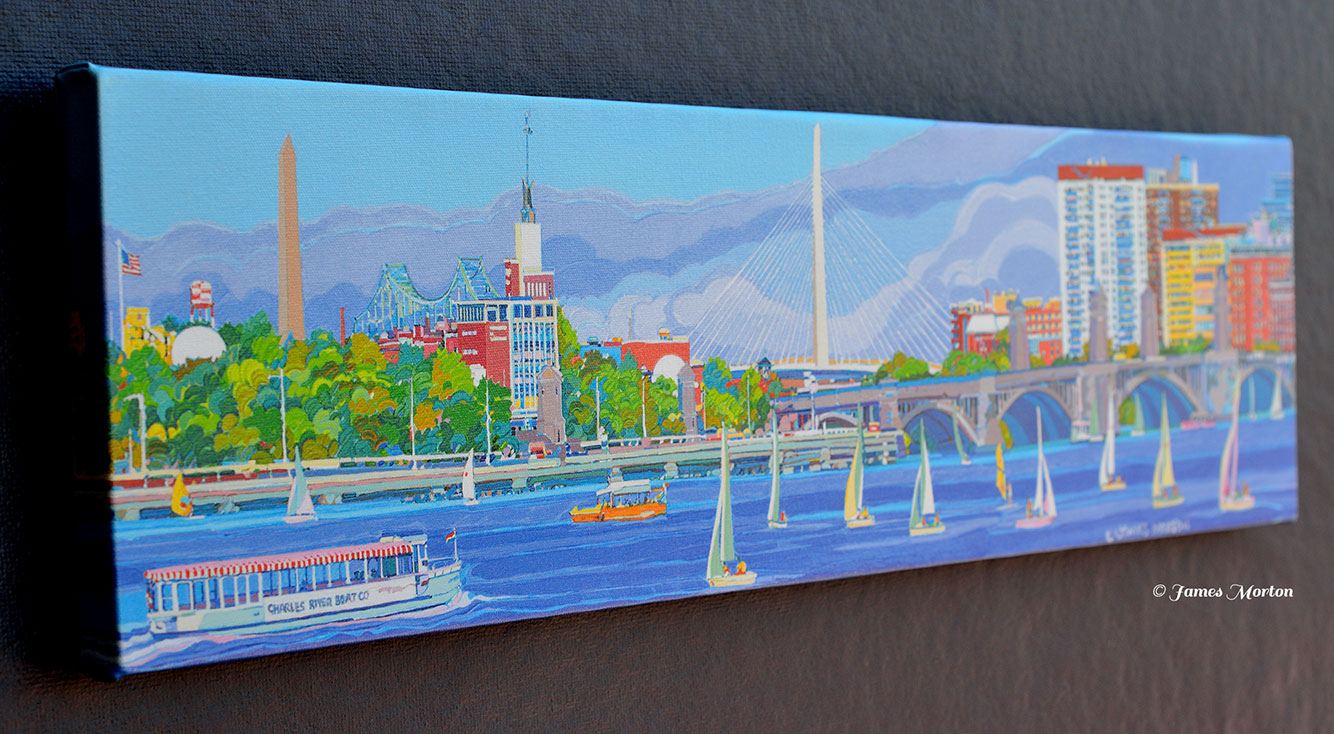 Full left side view of Boston skyline canvas print featuring Zakim Bridge and Longfellow Bridge with blue sky and water