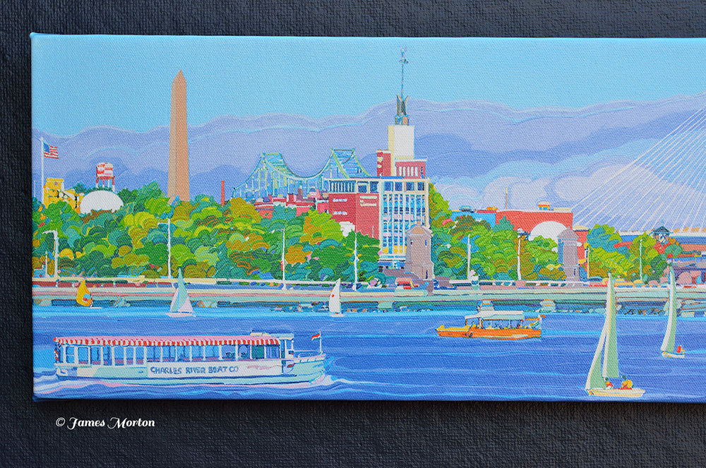 Close-up detail of Boston skyline canvas wall art showing left side with Bunker Hill Monument and Boston Museum of Science
