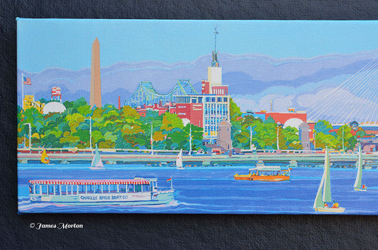 Close-up detail of Boston skyline canvas wall art showing left side with Bunker Hill Monument and Boston Museum of Science
