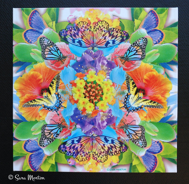Butterflies and Flowers Kaleidoscope Collage Art Print - 18in x 18in Stretched Canvas Print