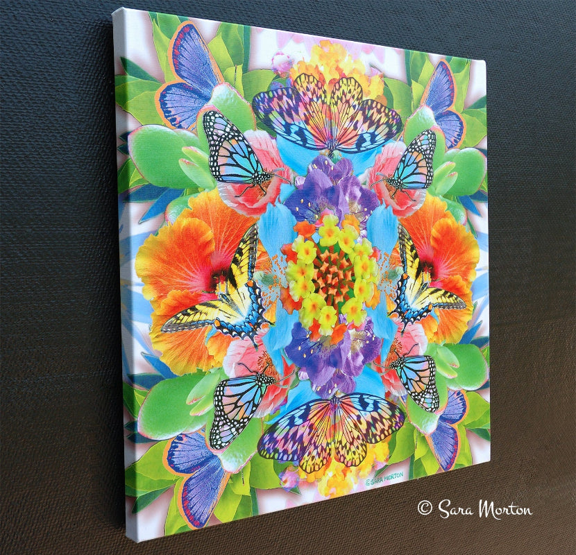 Butterflies and Flowers Kaleidoscope Collage Art Print - 18in x 18in Stretched Canvas Print