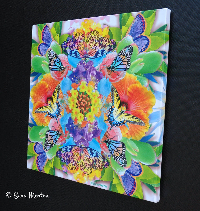 Butterflies and Flowers Kaleidoscope Collage Art Print - 18in x 18in Stretched Canvas Print