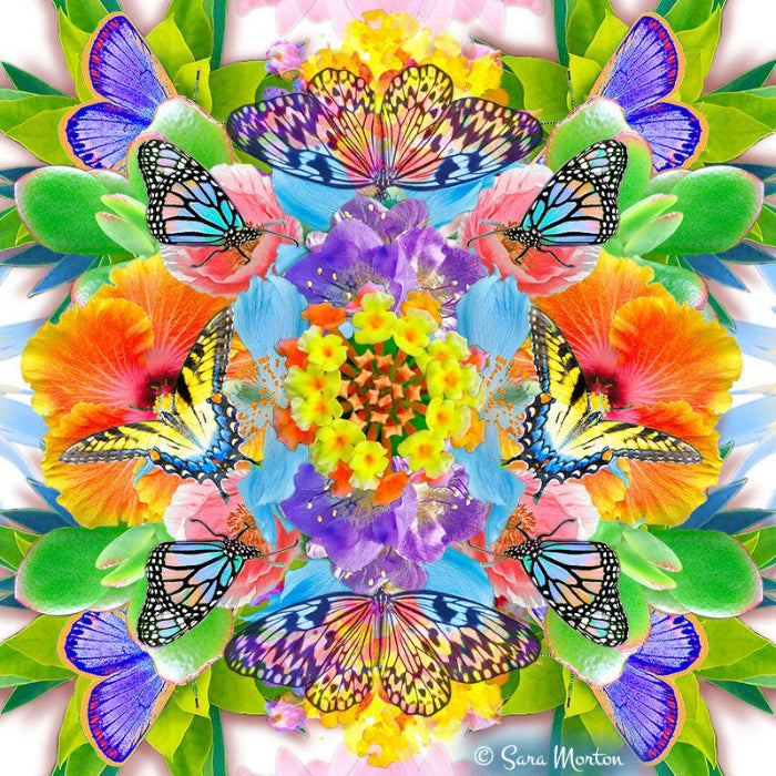 Butterflies and Flowers Kaleidoscope Collage Art Print - 18in x 18in Stretched Canvas Print