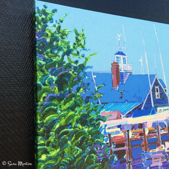 Detail of Canvas print of a New England coastal scene in Rockport MA with greenery and buildings.