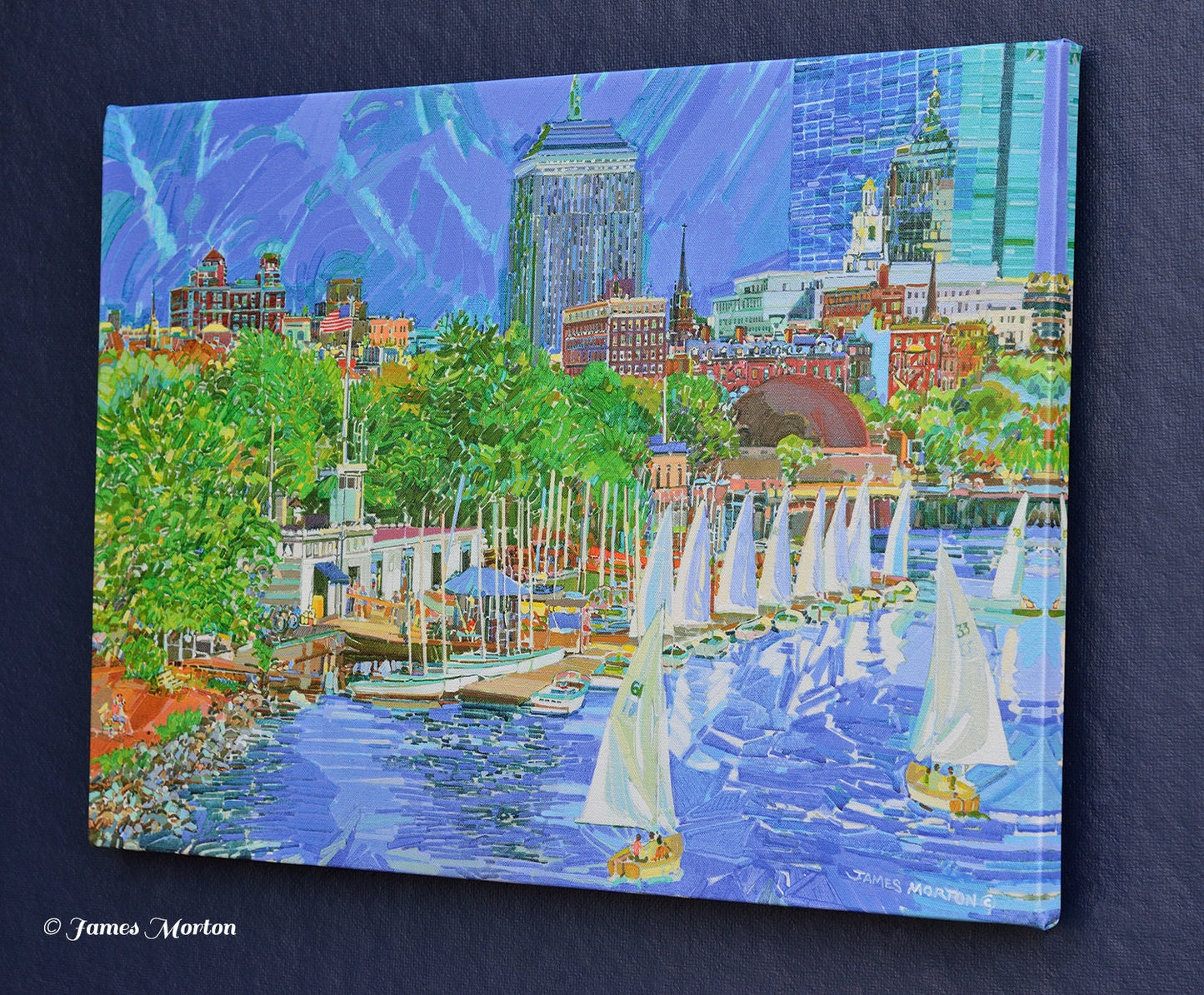 Boston Skyline Art Print on Canvas of Charles River. 24" x 17" Ready to Ship. Boathouse, Sailboats, Esplanade, Hatch Shell, Hancock Tower