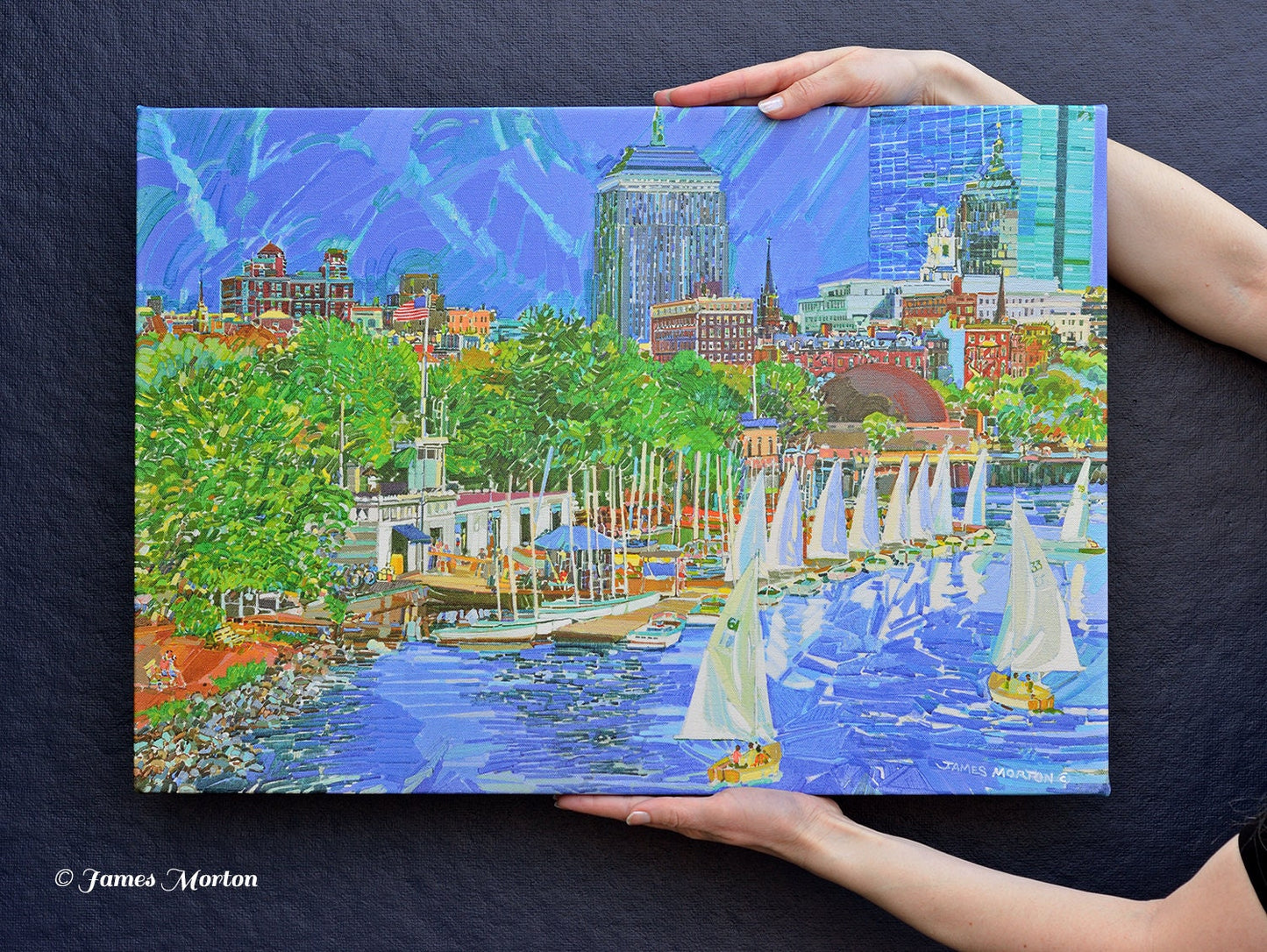 Boston Skyline Art Print on Canvas of Charles River. 24" x 17" Ready to Ship. Boathouse, Sailboats, Esplanade, Hatch Shell, Hancock Tower