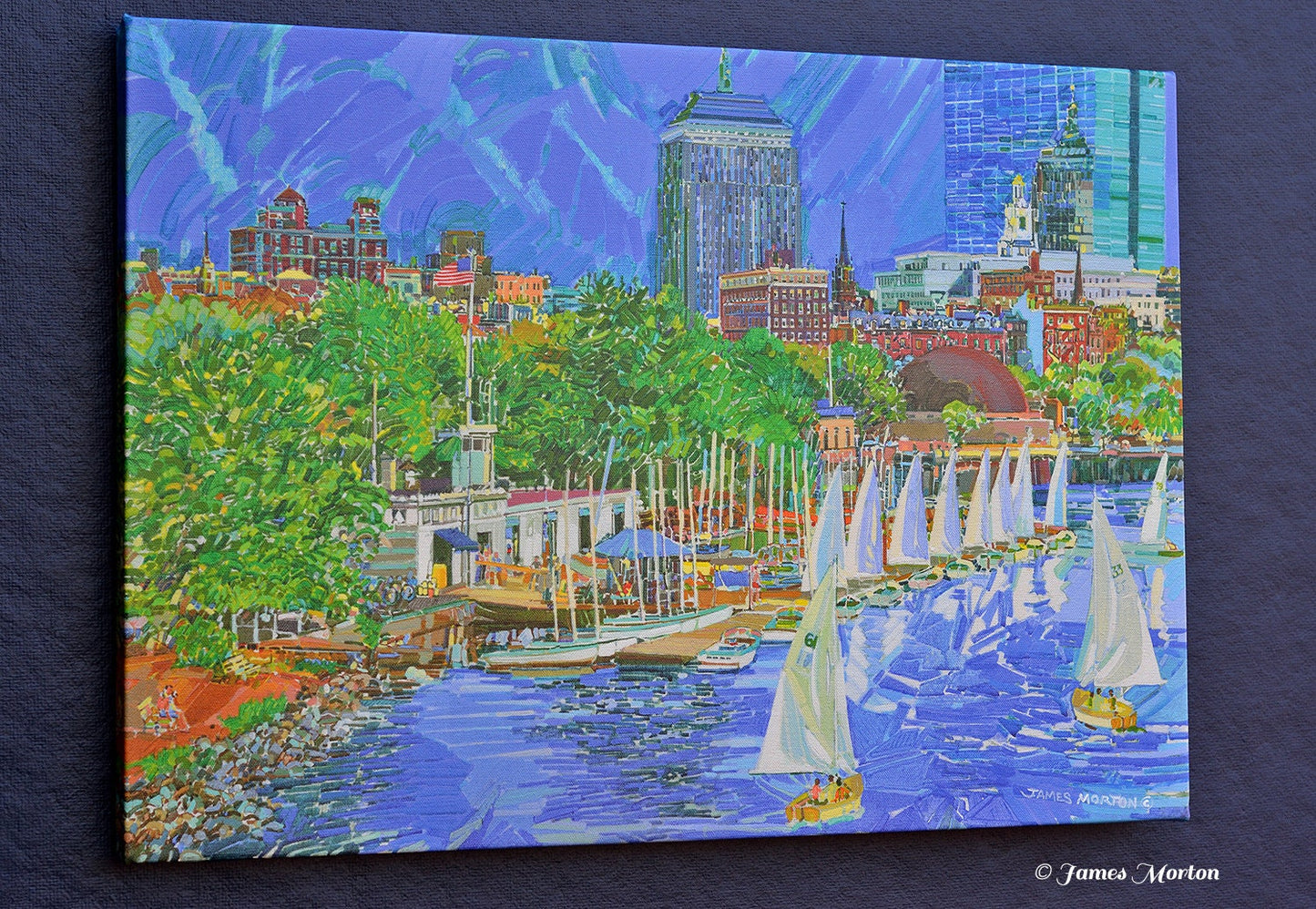 Boston Skyline Art Print on Canvas of Charles River. 24" x 17" Ready to Ship. Boathouse, Sailboats, Esplanade, Hatch Shell, Hancock Tower