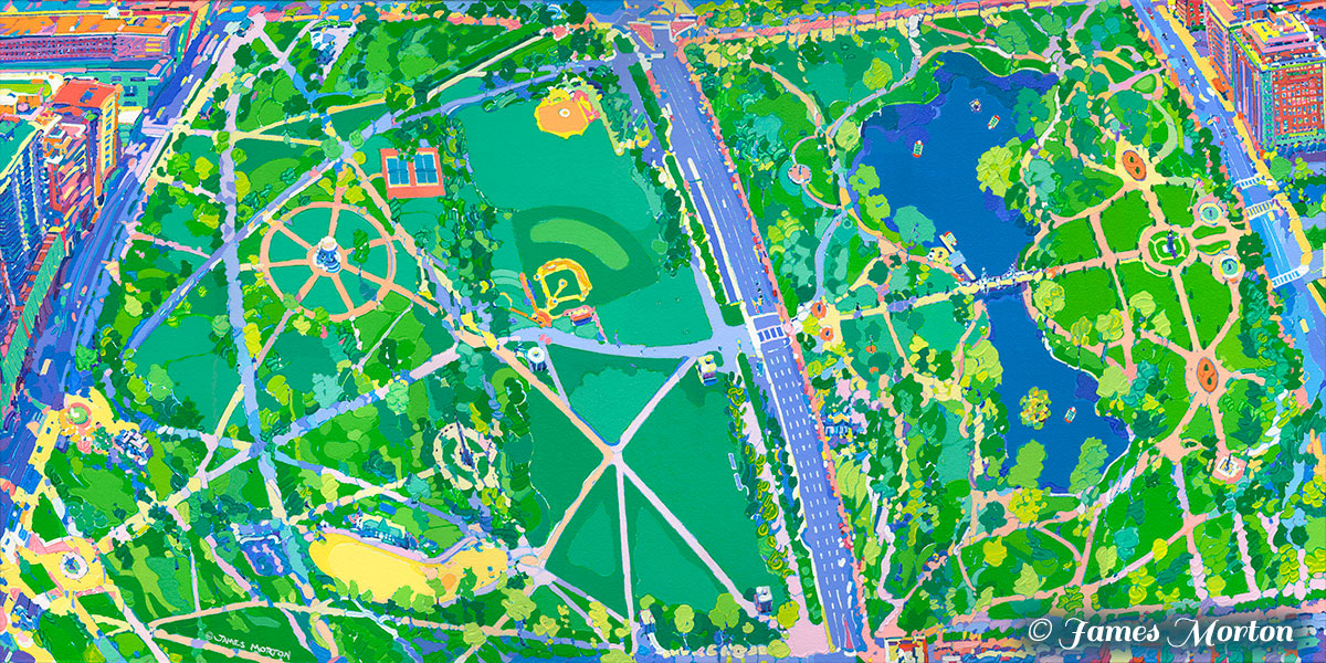 Aerial acrylic painting of Boston Common and Public Garden in spring with Swan Pond and Park Street. Artist James Morton