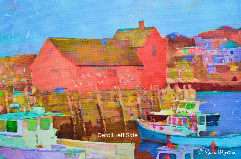 Colorful Canvas Print of a coastal Rockport MA scene with red Motif Number One and boats.