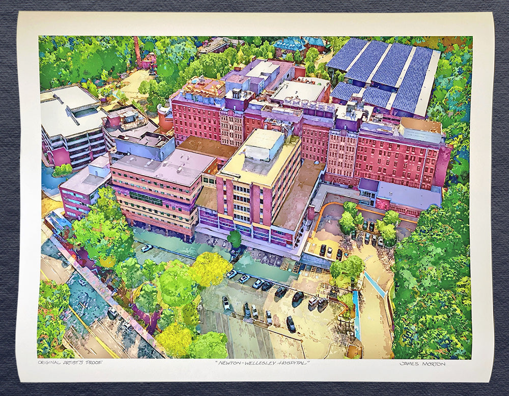 Aerial Digigraph print of Newton-Wellesley Hospital, featuring vivid architectural detail, crisp tree lines, and patterned parking areas. 40in x 30in Printed on fine art watercolor paper and hand signed by the artist.