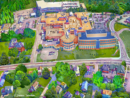 Aerial fine art print of Wentworth-Douglass Hospital in Dover, NH – vivid Digigraph showing red brick architecture, layered windows, and tree-lined surroundings in warm afternoon light.