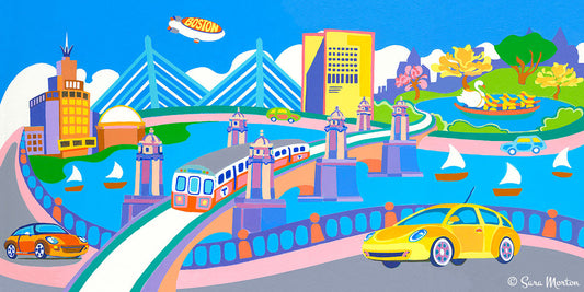 Boston Art Canvas Print features Zakim Bridge, Longfellow Bridge, Swan Boat, MBTA Red Line, Museum of Science, Hood Blimp; Mass Eye and Ear Infirmary as well as sailboats and numerous New England landmarks along the Charles River.