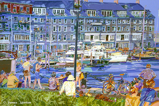 Boston Canvas Art Print of Commercial Wharf Painting with many recreational boats and yachts in Boston Harbor view from Columbus Park in Boston. 