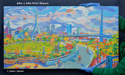 Zakim Autumn 44x24 inch canvas print of Boston skyline with fall trees and Zakim Bridge, shown handheld for scale 