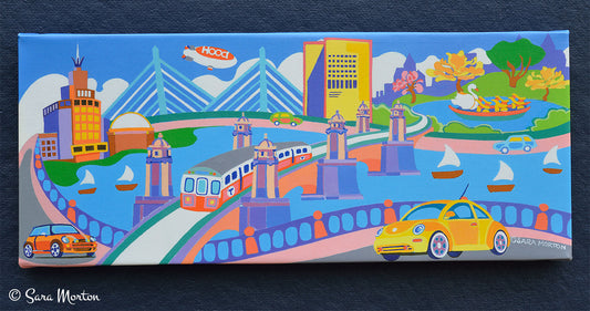 Boston Canvas Print: Zakim Bridge, Science Museum, Longfellow Bridge, Charles River, Swan Boat, Sailboats, Mass Eye and Ear, Volkswagen Beetle