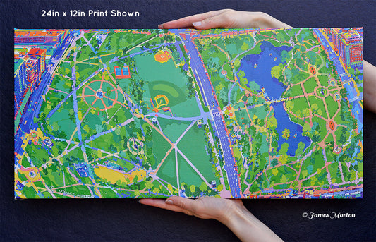 Canvas print of Boston Green painting handheld for scale – aerial view of Boston Common and Public Garden
