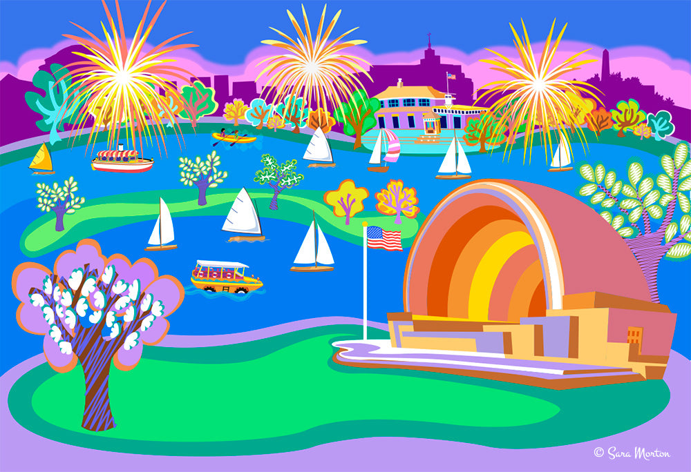 Boston Shell Club Boston Hatch Shell Fireworks with Charles River Sailboats - Art Print ...