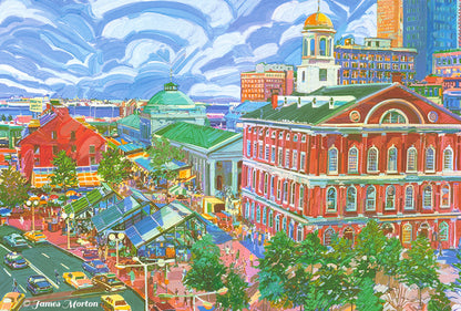 Painting of Faneuil Hall and Quincy Market in Boston MA. Faneuil Greenhouses featured in foreground and Boston Harbor in the Background. Billowy clouds in the sky.  Premium Quality Prints on Stretched Canvas and Watercolor Paper Made with Archival Quality Inks.