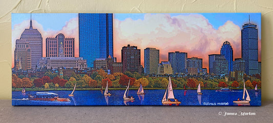 Back Bay Brilliance Boston skyline canvas print featuring the Charles River, sailboats, and Back Bay skyscrapers by James Morton