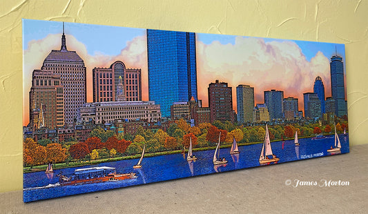 Angled view of Back Bay Brilliance Boston skyline stretched canvas print with panoramic Back Bay waterfront scene