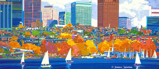 Boston skyline painting of Beacon Hill and the Charles River in autumn, capturing the vibrant fall colors and iconic landmarks.