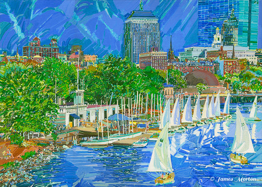 Boston Print of Charles River Community Boating Boathouse painting with Sailboats on the Esplanade. The Boston Skyline with Hancock Towers and Hatch Shell is featured. Key colors are blue sky and water and green trees with active brush strokes throughout. Many of the buildings have brownish red brick colors.