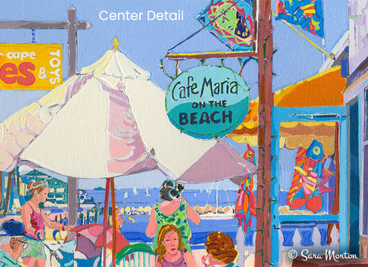 Painting of Café Maria in Provincetown, MA: features an umbrella, the cafe sign, and the Kite Store in the background with colorful fish windsocks and flags. Center detail of a painting by Sara Morton. 