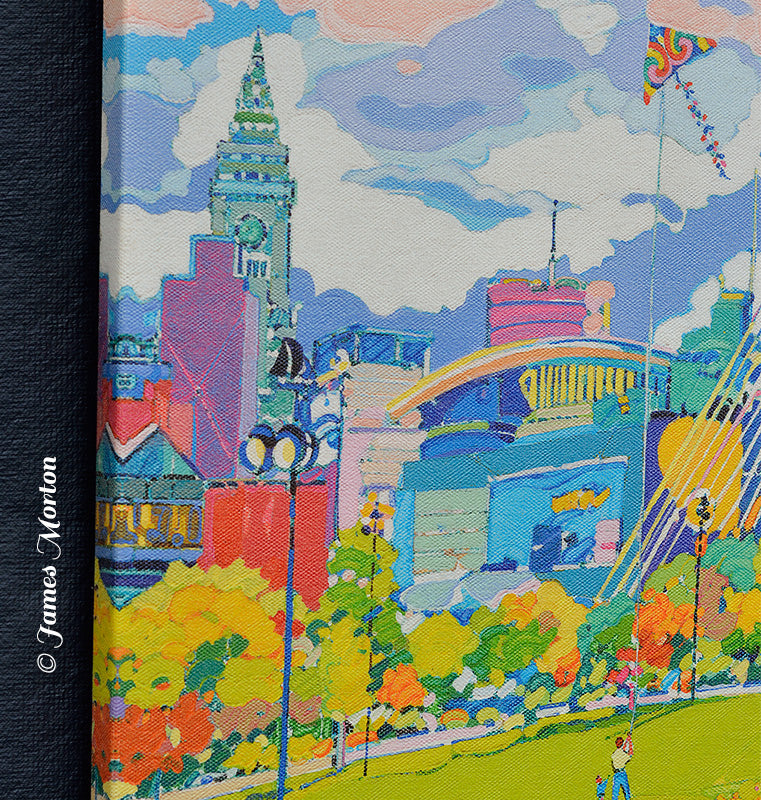 Detail of upper left image wrap on Zakim Autumn canvas print showing TD Garden and Custom House in Boston skyline 