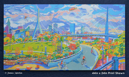 Stretched canvas replica print of Zakim Autumn Boston painting featuring Zakim Bridge and Prudential Tower in autumn scenery 