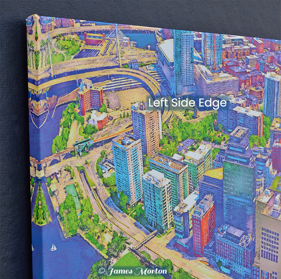 Left Corner Edge Detail of Canvas print Boston West End with Mass Eye and Ear, Mass General Hospital, Charles River, and cityscape.
