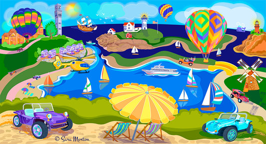 Explore Cape Cod MA Art: hot air balloons, sailboats, dune buggies, iconic landmarks Eastham Windmill, Cape Neddick Lighthouse, Pilgrim Monument